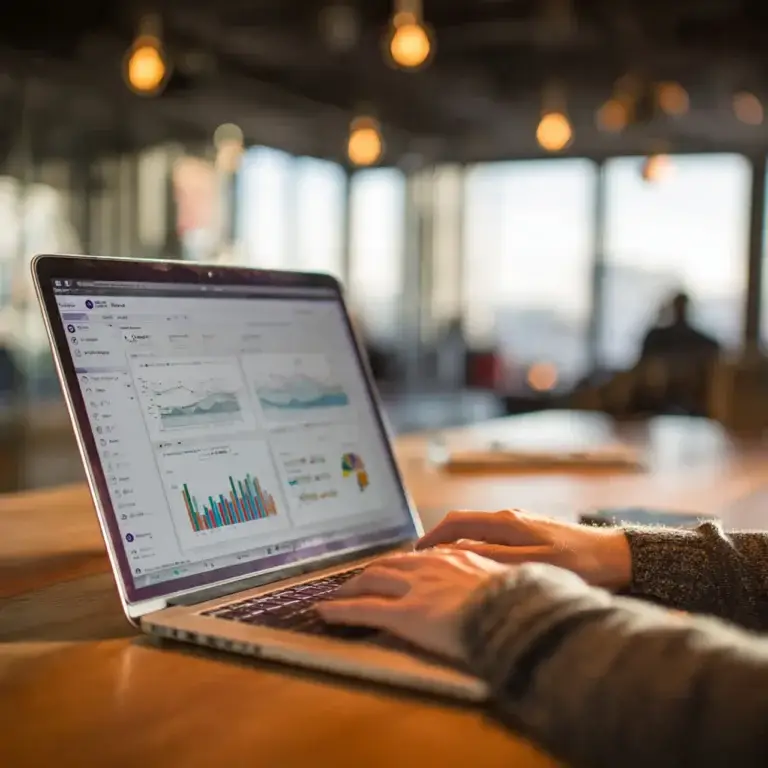Persona trabajando en laptop revisando estadísticas digitales y herramientas de marketing para impulsar el crecimiento de una pyme.