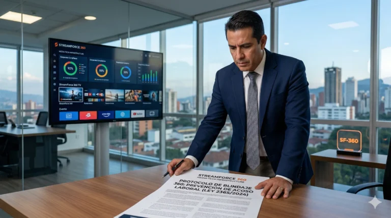 Dueño de Pyme revisando protocolos legales para evitar demandas laborales por acoso.