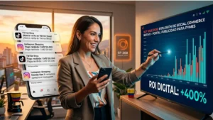 Propietaria de Pyme en Cali logrando ventas masivas por TikTok Shop Checkout e Instagram Shopping durante Hot Sale 2026.