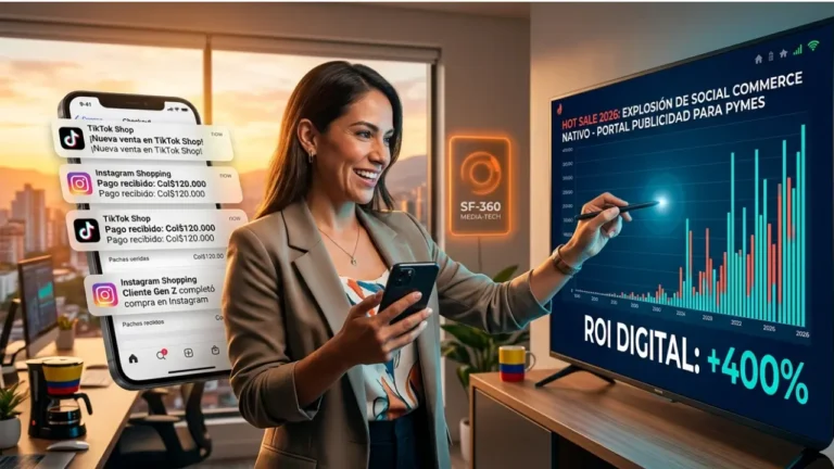 Propietaria de Pyme en Cali logrando ventas masivas por TikTok Shop Checkout e Instagram Shopping durante Hot Sale 2026.