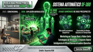Emprendedor local diseñando una campaña digital en su laptop con gráficos de redes sociales y del Mundial de Fútbol 2026.
